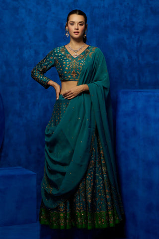 Teal printed lehenga set