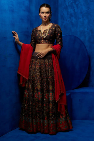 Brown printed lehenga and blouse with red dupatta