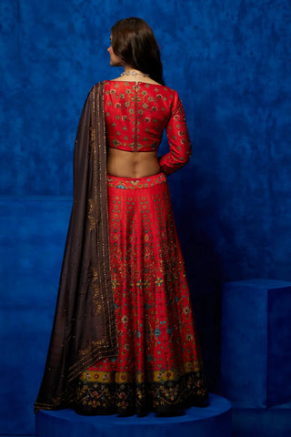 Crimson red flora printed lehenga set