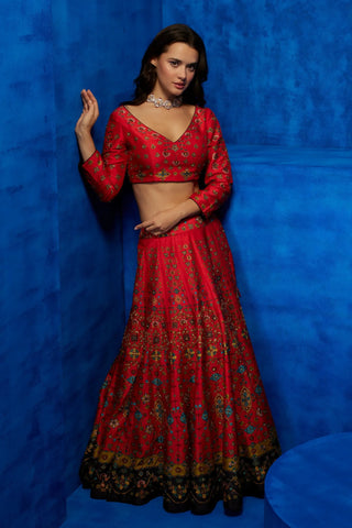 Crimson red flora printed lehenga set