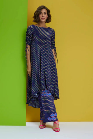 Blue sleeve assymetric tunic with pants