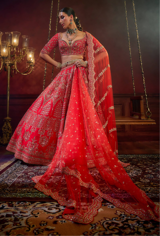 Red wave floral lehenga set