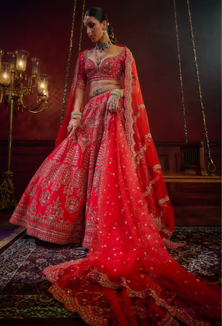 Red wave floral lehenga set