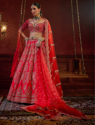 Red wave floral lehenga set