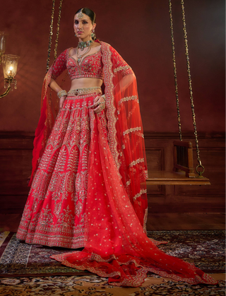 Red wave floral lehenga set