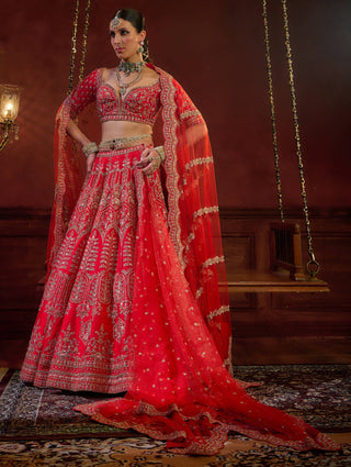 Red wave floral lehenga set