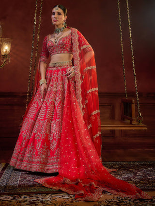 Red wave floral lehenga set