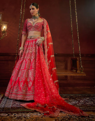 Red wave floral lehenga set