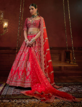 Red wave floral lehenga set