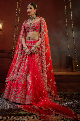 Red wave floral lehenga set