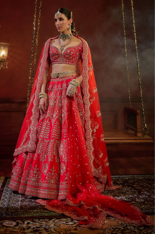 Red wave floral lehenga set