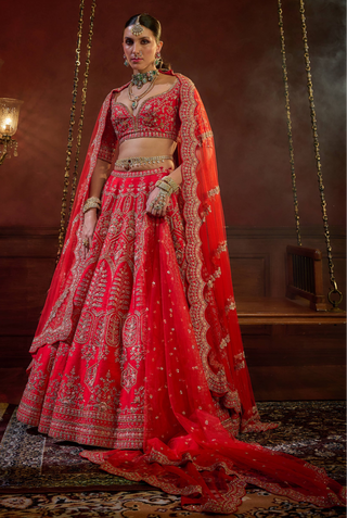 Red wave floral lehenga set