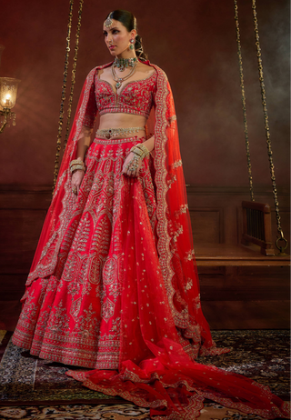 Red wave floral lehenga set