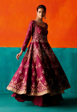 Wine purple floral embroidery anarkali set