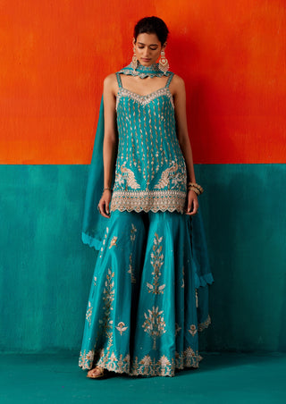 Turquoise floral embroidery kurta and sharara set