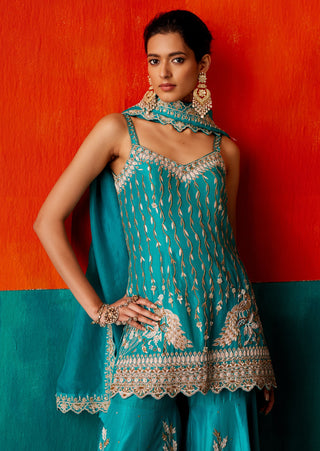 Turquoise floral embroidery kurta and sharara set