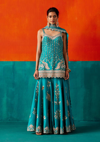 Turquoise floral embroidery kurta and sharara set