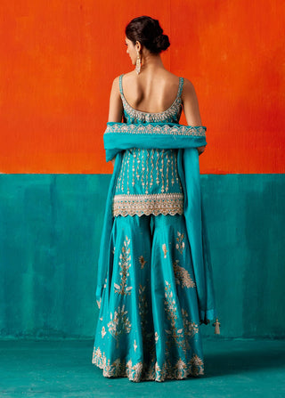 Turquoise floral embroidery kurta and sharara set