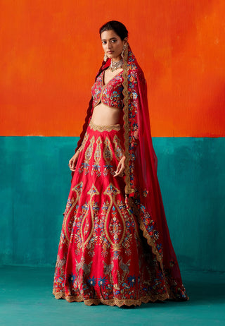 Blood red gold embroidered lehenga set