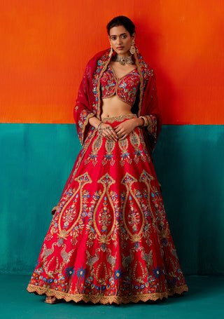 Blood red gold embroidered lehenga set