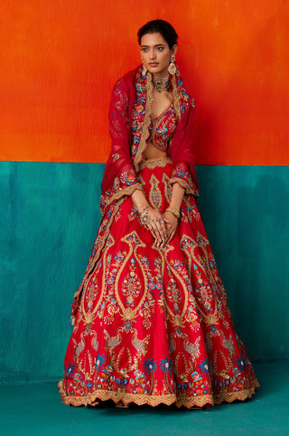 Blood red gold embroidered lehenga set