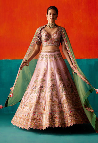 Light rose floral embroidery lehenga set