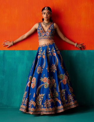 Electric blue floral embroidery lehenga set