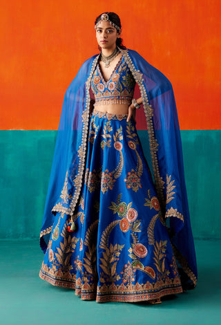 Electric blue floral embroidery lehenga set