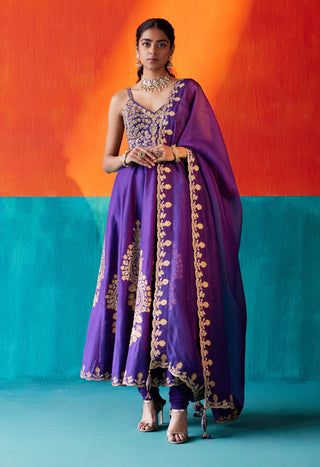 Indigo floral embroidery anarkali set