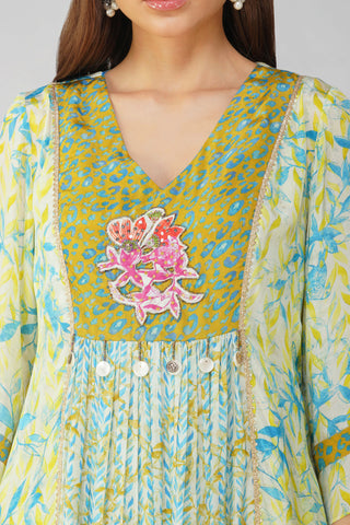 Yellow leaf print panelled tunic and pant