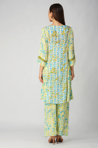 Yellow leaf print panelled tunic and pant