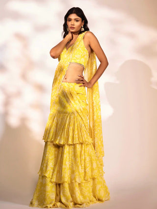 Amani yellow printed pre-draped saree and blouse