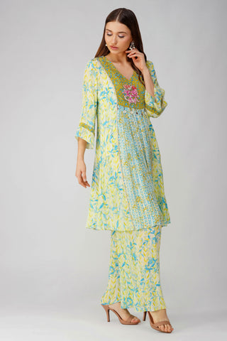 Yellow leaf print panelled tunic and pant