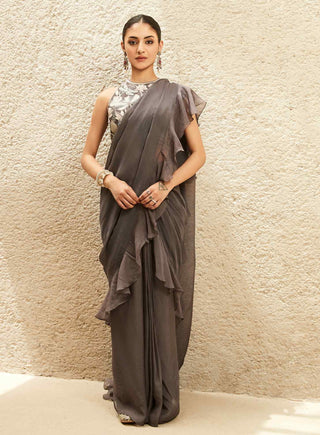 Gray millennial ruffled saree set