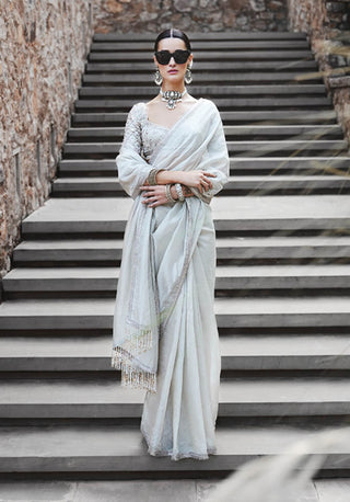 Ivory silver needle matsya saree set