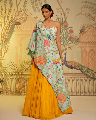 Aqua blue cape and yellow lehenga set