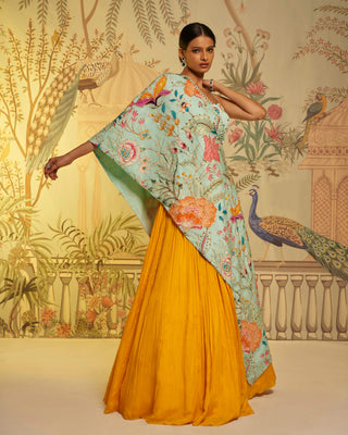 Aqua blue cape and yellow lehenga set