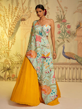 Aqua blue cape and yellow lehenga set