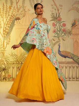 Aqua blue cape and yellow lehenga set