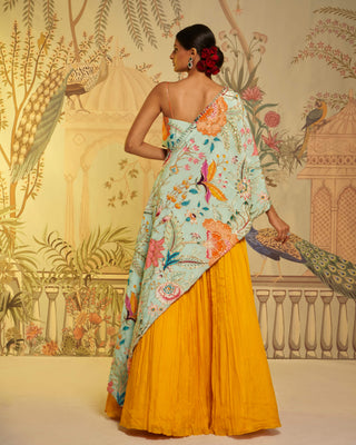 Aqua blue cape and yellow lehenga set