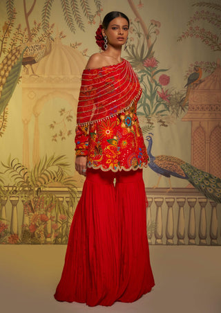 Scarlet phulvaari off-shoulder tunic and gharara