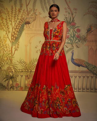 Scarlet gathered anarkali and dupatta