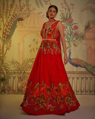 Scarlet gathered anarkali and dupatta