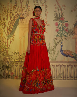 Scarlet gathered anarkali and dupatta