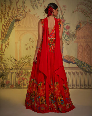 Scarlet gathered anarkali and dupatta