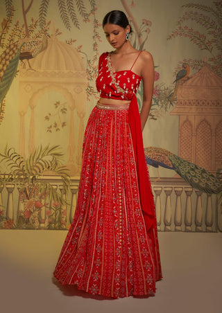 Scarlet draped blouse and lehenga