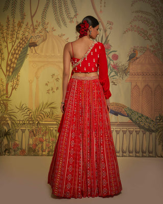 Scarlet draped blouse and lehenga