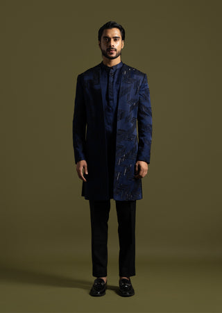 Navy blue linen satin achkan set