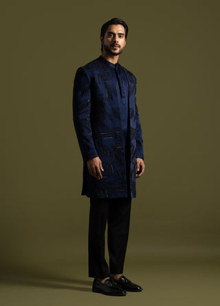 Navy blue linen satin achkan set