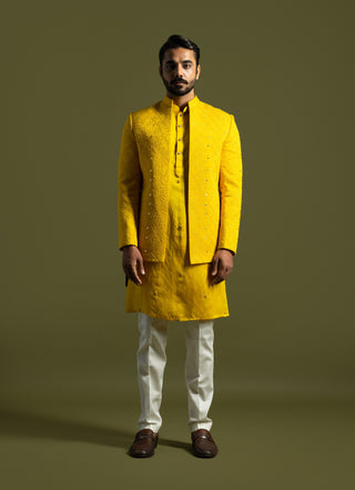 Yellow linen satin achkan set